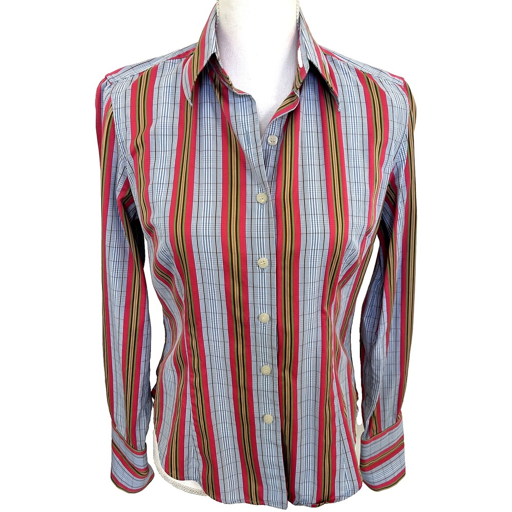 Andrea Becker Shirt SZ Small Button Long Sleeve Striped Plaid Cotton Academia